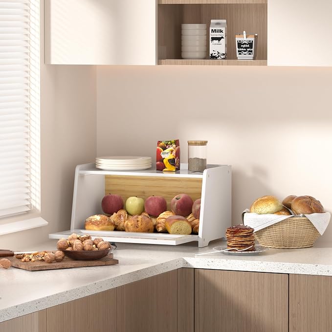 Bread Box for Kitchen Countertop, Vintage Wooden Counter Breadbox, Bamboo Bread Storage Container Bin for Homemade Bread, Small Farmhouse Corner Breadbox Organizer with Acrylic Window, White