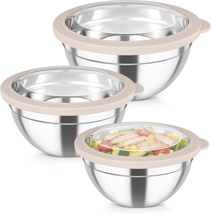 TeamFar Mixing Bowls with Lids, 4.5/3/1.5 QT Stainless Steel Nesting Bowls | Salad Bowls with Airtight Lids, For Serving/Mixing/Storing/Prepping, Healthy & Sturdy, Visible & Easy Clean, Khaki, Set of 3