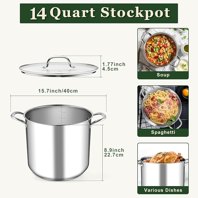 Leonyo 14Qt Stock Pot with Lid, Large Stainless Steel Stockpot for Cooking | 3-Ply Heat-conducting Base for All Stoves, Stewing & Boiling & Simmering