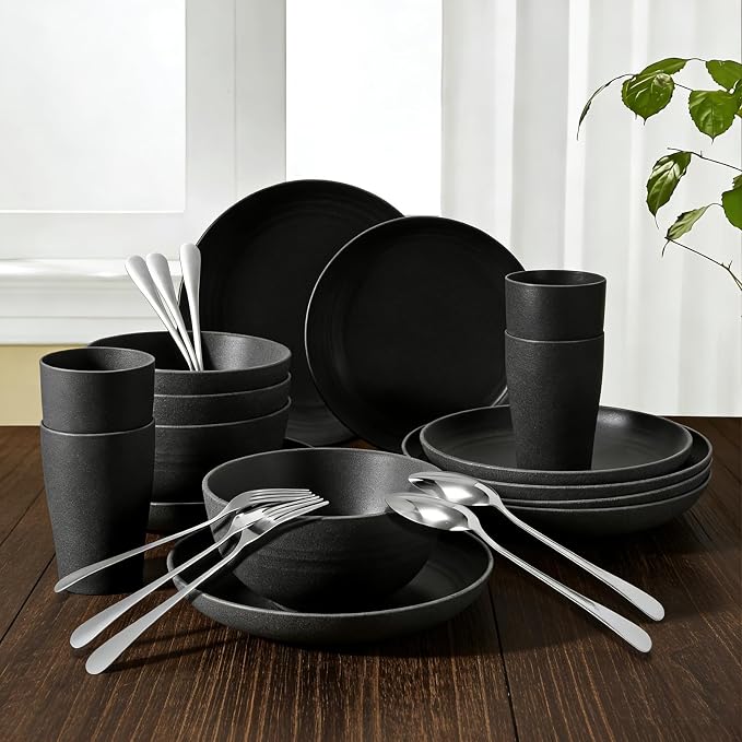 24 Piece Plates and Bowls Sets for 4- Unbreakable Wheat Straw Dinnerware Sets Includes Stainless Steel Forks for Picnic Camping Outdoor Kitchen and Apartment Dinning RV Essentials-Black