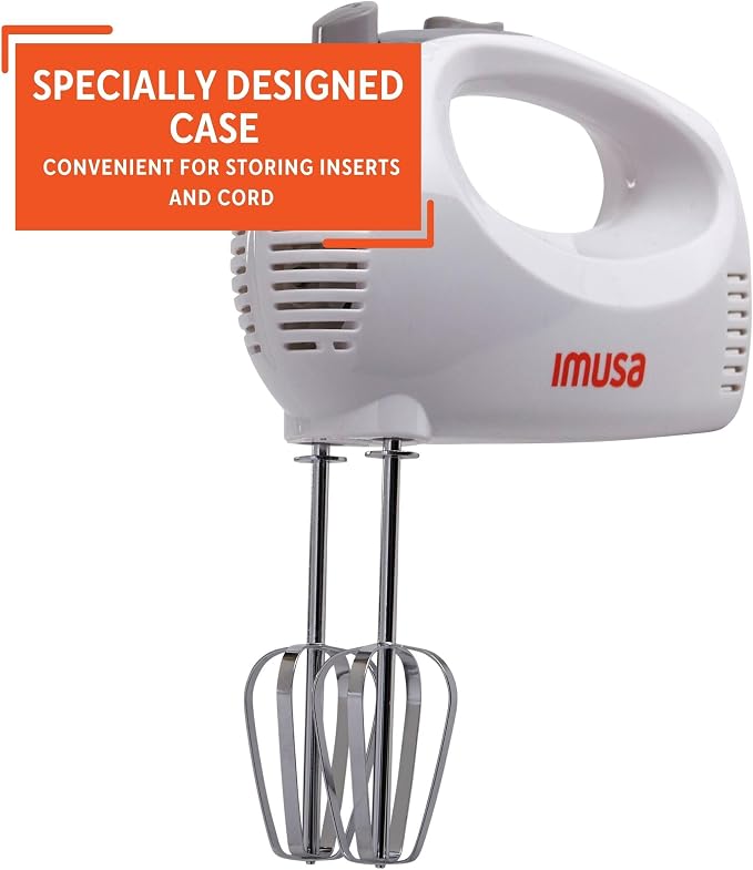 IMUSA USA Hand Mixer with Case 5-Speed ,White, Small | Ideal for Mixing and Blending Tasks