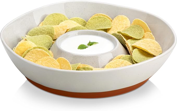 MALACASA Ceramic Chips and Dip Serving Tray, 12 Inch Dip Serving Tray | Free-Form Divided Ceramic Chips and Dip Bowls for Parties, Hosting and Entertaining, Khaki Gray