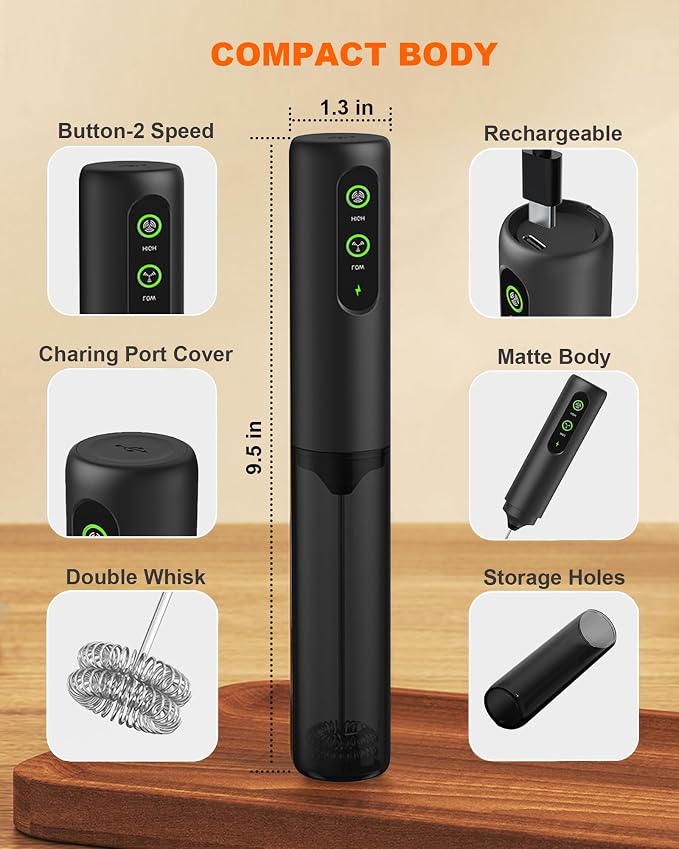 2-Speed Rechargeable Milk Frother Handheld, Black | Dual Coil Whisk, with Cover - Portable Frother for Coffee, Matcha, Cappuccino, Hot Chocolate & Protein Shakes