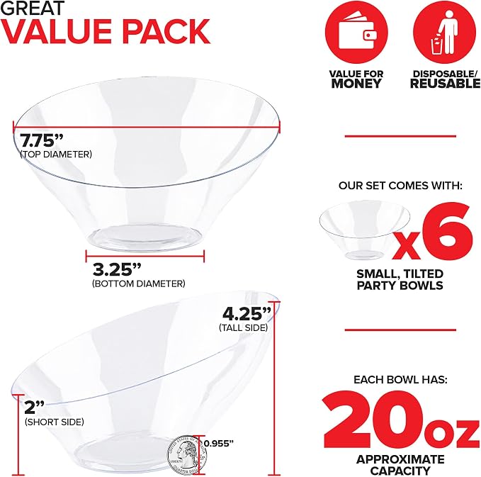 Stock Your Home 20oz Clear Plastic Serving Bowls (6 Pack) – Disposable Medium Snack & Candy Bowls for Parties, Buffet, Chips, Popcorn & Salad Bar