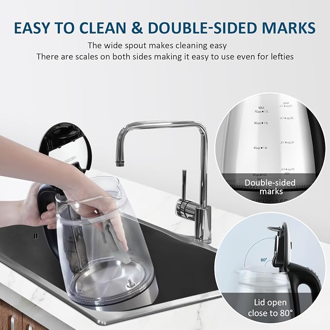 Cool Touch Electric Kettle with 6 Temp Presets for Tea/Coffee | 4H Keep Warm, Borosilicate Glass Inner Wall and PC Outer Wall, BPA free, 1.7L 1500W Fast Boil for Home/Office