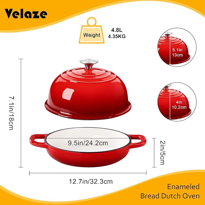 Velaze 5 QT Enameled Cast Iron Dutch Oven for Bread Baking with Dome Lid | Traps Steam for Crispy Artisan Sourdough Bread,Oven Safe,Ergonomic Handles,Gift for Bakers and Bakery Style Loaves,Red