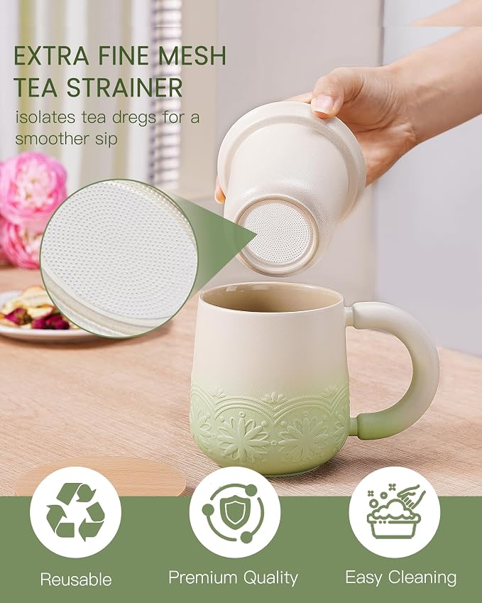 ZENS Tea Mug with Infuser and Lid for Loose Leaf Tea Steeper, 12oz Green | Embossed Ceramic Tea Cup with Strainer for Tea Lovers Gifts, Tea Diffusers Japandi Style Sunflower