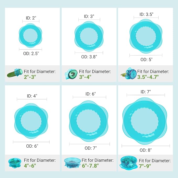 Silicone Stretch Lids for Food Storage in Fridge, Reusable Elastic Bowl Covers for Cup, Cans, Jars, Round & Rectangle Container, Food Grade Silicone Microwave Food Cover, Heat-Resistant, Blue, 6PCS