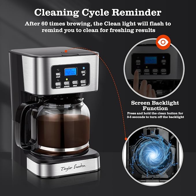 Taylor Swoden 12-Cup Programmable Coffee Maker, Black & Stainless Steel | Regular & Strong Brew Drip Coffee Machine for Home and Office, 24H Timer, Glass Carafe, Pause & Serve, Auto Shut Off