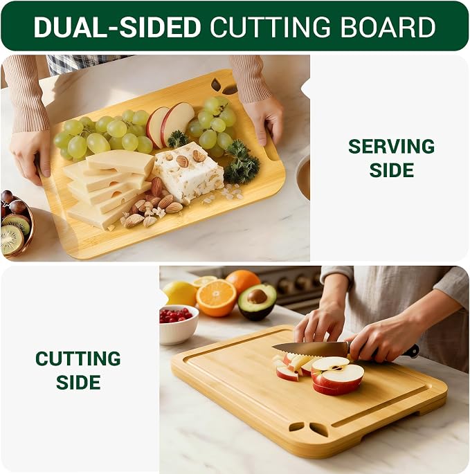 Bamboo Cutting Boards for Kitchen, Wooden Cutting Boards, 11 x 7.5 inch | Knife-Friendly Chopping Boards with Silicone Mat, Charcuterie Boards with Side Handles and Juice Grooves