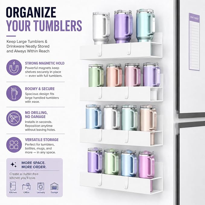 4 Pack Magnetic Cup Holder Heavy Duty, 12 Cup Capacity Water Bottle Organizer fit for Stanley Cup, Tumbler Storage Rack for Kitchen, Side of Fridge, Garage, Laundry Room, Cabinet, Pantry, RV - White