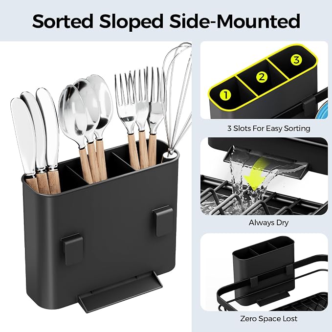 Urakify Dish Drying Rack for Kitchen Counter, 16.5" L x 12.2" W, Black | Large Dish Drainer with Cutlery Holder, Sink Dish Rack with Drainboard for plate dish silverware, Space Saving