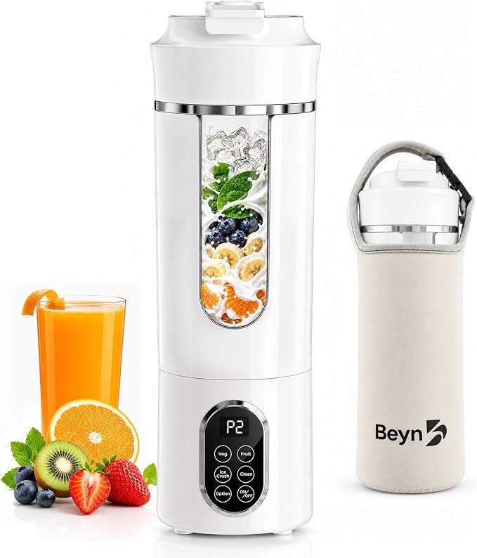 Beyn 530mL Portable Blender, Personal Smoothie Maker, USB-C Cordless, 12 Stainless Steel Blades, Leakproof Travel Cup, Digital One-Touch Self-Clean for Gym Home Office, (White)