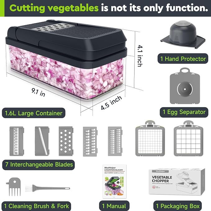 MealHelper 12-in-1 Vegetable Chopper, Food Veggie Chopper With Container | Kitchen Prep Tool, Cheese Grater, Home Essentials & Kitchen Gadgets, with Sharp Stainless Steel Blades(7 Blades, Gray)