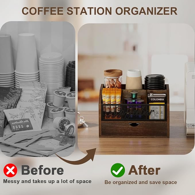 YINMIT Coffee Station Organizer with Drawer for Countertop, Wood Coffee Bar Organizer with Removable Dividers for Pods, Syrup, Cups, Stirrer, Tea, Iron Mesh-Vintage Brown, 2 Tier