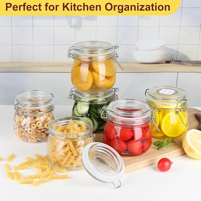 HINGWAH 16oz Glass Jars with Airtight Lids, 6 Pack Mason Jars | Wide Mouth Jars with Clamp Lids, Glass Storage Containers with Lids for Pickling, Coffee, Herb, Spice, Sugar, Kitchen Storage