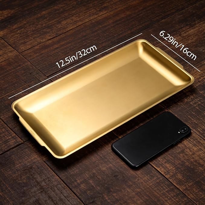 304 Stainless Steel Food Serving Tray, 12.6 Inch Rectangular Serving Tray Platters with Brushed Finish, Ideal for Kitchen Party Organizer Dining Buffet and Outdoor Events (Gold)