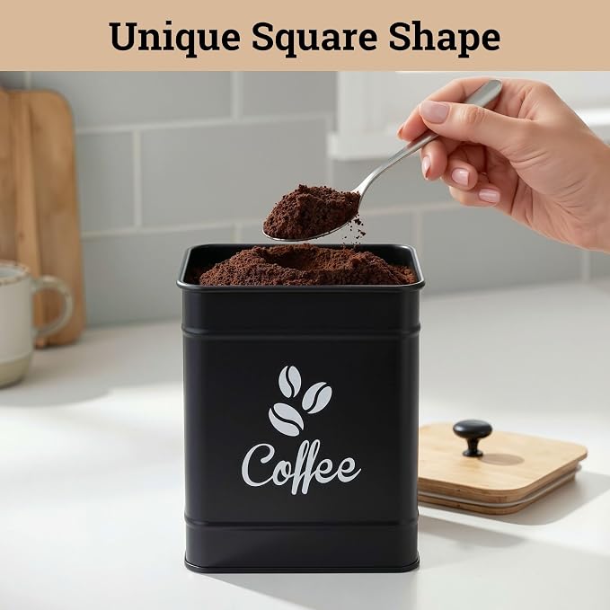 Airtight Coffee Canister 40 oz, 6"x 8" Metal Jar w/ Rubber-Lined Bamboo Lid | 40oz Large Iron, Airtight Coffee Container, Bamboo Lid, Stylish Countertop Container for Coffee Grounds, Beans, Pods & More