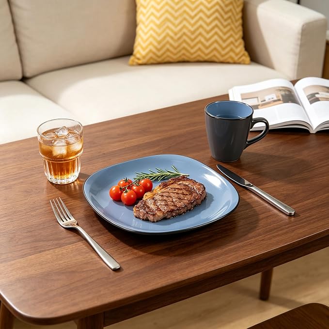 HomeVss, Stoneware Square 16pc Dinnerware Set, Inside Shiny Blue + Outside Matte Black