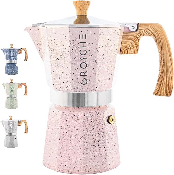 GROSCHE Milano Stovetop Espresso Maker Moka Pot 6 espresso Cup 9.3 oz Pink | Cuban Coffee Maker And Italian Moka Pot For Stovetop Espresso; For Gas, Electric, And Propane Stoves With A Soft-Touch Handle