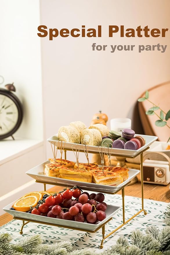 LAUCHUH 3 Tier Serving Tray, Porcelain Serving Platter Tier Serving Stand | Serving Trays and Platters with Collapsible Sturdier Rack Dessert Party Display Set for Baby Shower, Christmas, Gold, 12 Inch