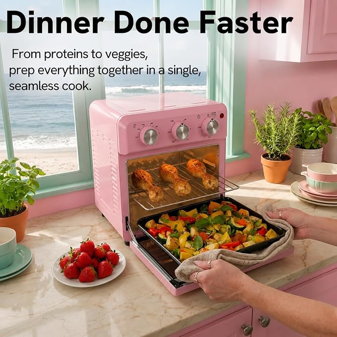 VAL CUCINA 6-in-1 Retro Air Fryer Toaster Oven Combo, Compact 12.7 QT Small Countertop Convection Oven, Fits 9" Pizza & 4 Toast, Hexagon Hybrid Heating, Enamel Baking Pan Included, Pink Color