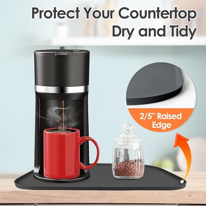 Silicone Coffee Maker Mat with Lip for Countertops, 17.4'' x 10.6'', Black | Multi leak-proof coffee tray for countertop, non-slip silicone mat fits most coffee makers & espresso machines, wipe-clean