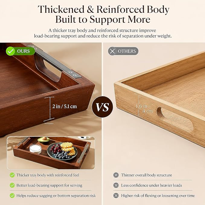 Acacia Wood Serving Tray with Metal Handle, 17x13in Tray for Ottoman | Decorative Food & Drink Tray for Coffee Table, Breakfast, Dinner, BBQ, Party, Lap, Couch, Rustic Home Decor, Elegant Gift Box