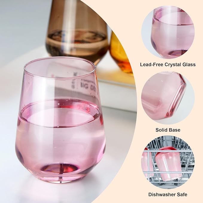 Pink Stemless Wine Glasses Set of 6, 15oz Drinking Glassware Dishwasher Safe, Wine Glass Tumblers for Red or White, Gift for Party, Holiday, Anniversary, Restaurant, Home Bar, Daily Use