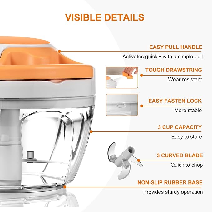 Manual Food Processor & Vegetable Chopper, Hand Pull String Garlic Mincer Onion Chopper Dicer for Salsa Pesto Guacamole, 3 Stainless Steel Blades, 500ml White
