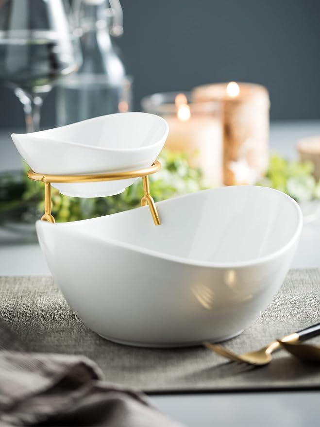 Miamolo 2 Tier Serving Bowl Set and Removable Rack for Chip and Dip | Ceramic Serving Dishes Set with 2 Compartment, for Snacks, Appetizer, Salad, Fruit | Microwave & Dishwasher Safe, Gold Stand