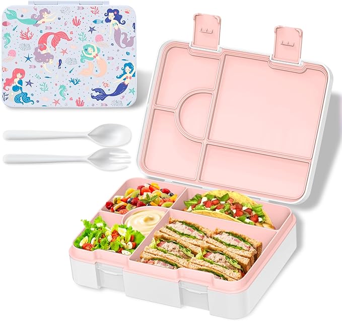 Bento Lunch Box for Kids, Leak-Proof 5-Compartment Cute Lunchbox for Boys Girls, Drop-Proof, Food Container Microwave & Dishwasher Safe, Back to School Supplies for Ages 3 to 7, White/Mermaid