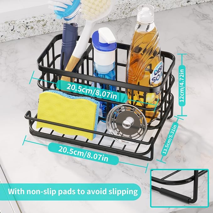 HapiRm Kitchen Sink Organizer, SUS304 Stainless Steel Rustproof Multifunctional Sink Caddy with Sponge Holder and Drain Tray for Kitchen Countertop (Black)