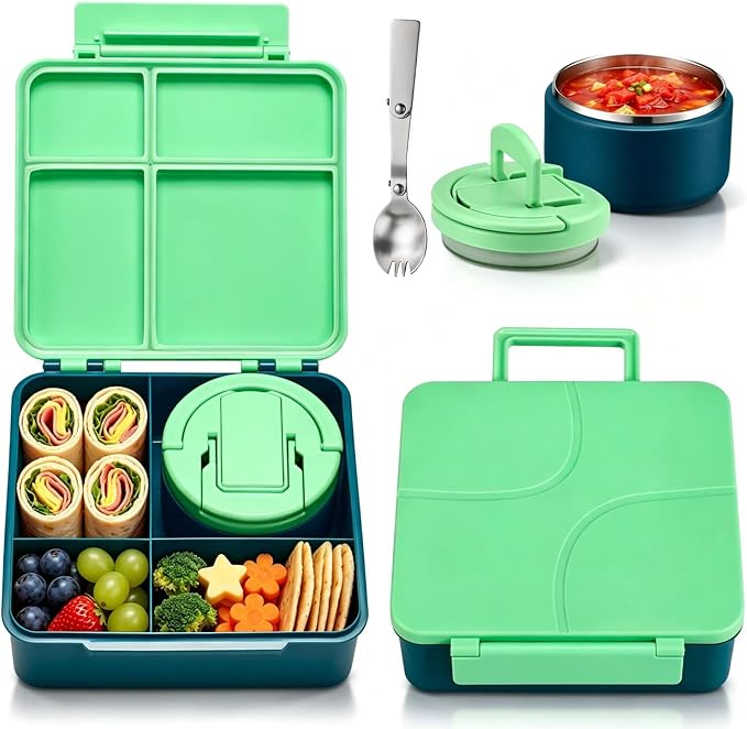 Bento Lunch Box for Kids with 8oz Soup Thermo,Kids Leakproof Lunch Food Containers with 4 Compartment,Kid Insulated Thermo Hot Food Jar for School,Trvael-Green