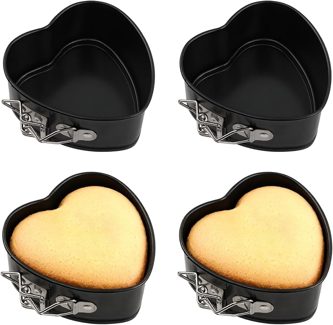 4 Inch Heart Springform Pans, Set of 4 Baking Pan | Mini heart shaped springform pans with removable bottoms and nonstick carbon steel; oven safe to 450F