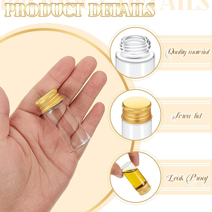 Didaey 200 Pcs Small Clear Vials Spice Mini Jars with Lids Mini Glass Bottles with Screw Aluminum Metal Caps Tiny Jars Sample Containers for Powder Cream Cosmetic Jewelry Wedding (10 ml,Gold Caps)