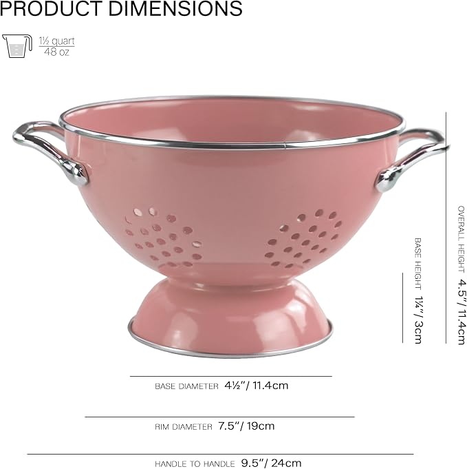 Reston Lloyd, 1.5 Quart Powder Coated Steel Kitchen Strainer Basket for draining Pasta, Vegetable and Fruit, Chrome Handles and Wide Stable Base, Pink