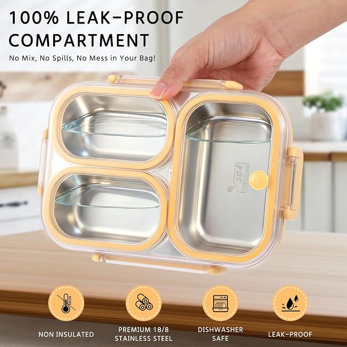 Stainless Steel Bento Lunch Box for Kids & Adults, 25oz, 3 Compartment | Super Leakproof, 304 Stainless Steel, Dishwasher Safe, BPA-Free,Capable of Heating Food