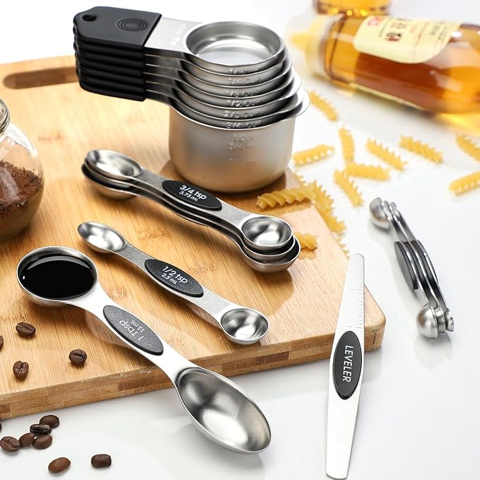 Measuring Cups and Spoons Set Stainless Steel Includes 7 Heavy Duty Measuring Cups 8 Double Sided Magnetic Measuring Spoons and 1 Leveler for Dry and Liquid Ingredients
