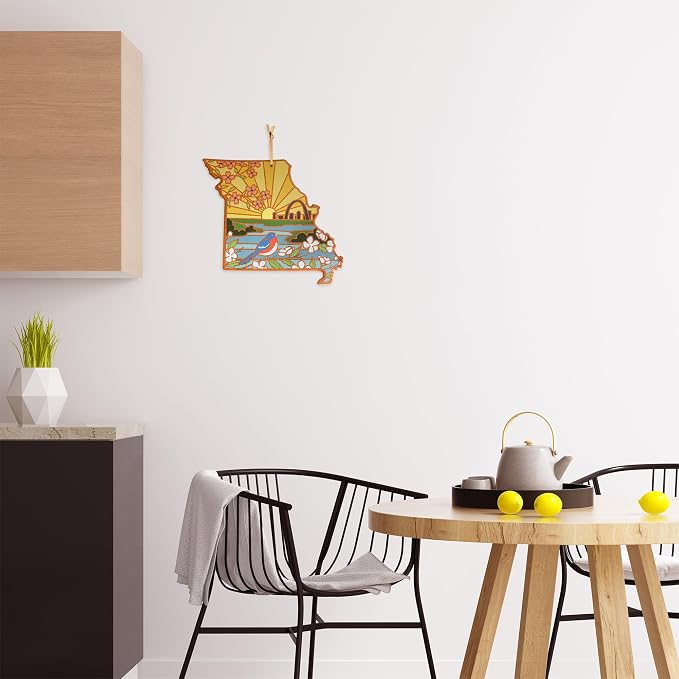 Totally Bamboo Missouri State Shaped Cutting Board, Summer Stokes Art | State charcuterie board with colorful hand-drawn landscape art. Smooth reverse side for food prep. Hang tie for wall display.