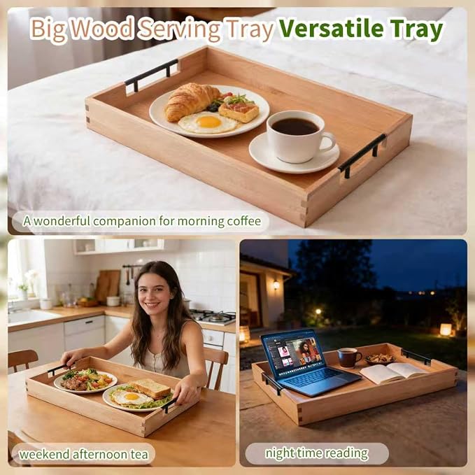 Large Ottoman Tray, 20"x14" Rectangular Trays for Big Ottoman, Maple Wooden Serving Tray with Metal Handles, Wood Serving Tray Counter Kitchen, Living Room Coffee Table Decor Organizer