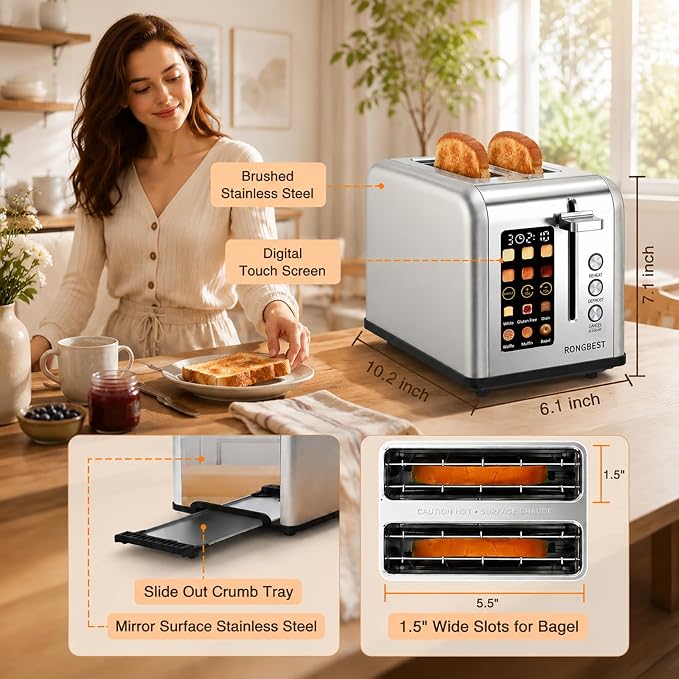2 Slice Touch Screen Toaster with Wide Slots, Single Slice Mode, Silver | Stainless Steel, Toast Bagel & Bread for Family Breakfast, Digital Touchscreen, ±15s, Reheat & Defrost, Removable Crumb Tray