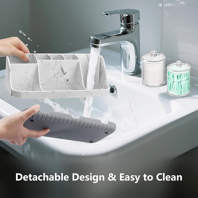 GFWARE Marble Bathroom Toothbrush Holder Set with 2 Qtip Holder Dispenser | Detachable 7 Slots Bathroom Accessory Set, Kids Bathroom Sink Counter Set, Bathroom Essentials Decor, Anti-Slip, Marble-Look