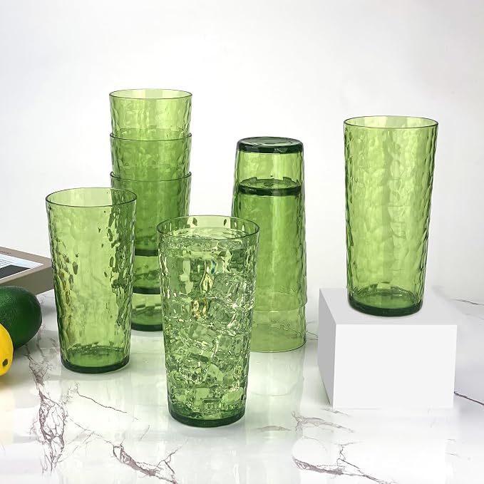 Yalin 24-Ounce Plastic Tumbler Acrylic Drinking Glasses, Reusable Plastic Cups, Stackable, BPA-Free, Shatter Proof, Dishwasher Safe, Set of 8 (Green)