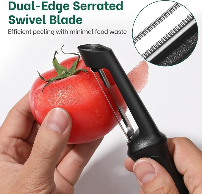 Beneno Stainless Steel Serrated Swivel Tomato Peeler | Sharp Serrated Blade for Effortless Peeling Soft-Skinned Fruits and Vegetables, Soft Grip Handle, Dishwasher Safe, Black