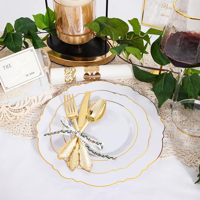 350 Pieces Gold Disposable Plates for 50 Guests, Plastic Plates for Party, Dinnerware Set of 50 Dinner Plates, 50 Salad Plate, 50 Spoons, 50 Forks, 50 Knives, 50 Cups for Wedding/Party