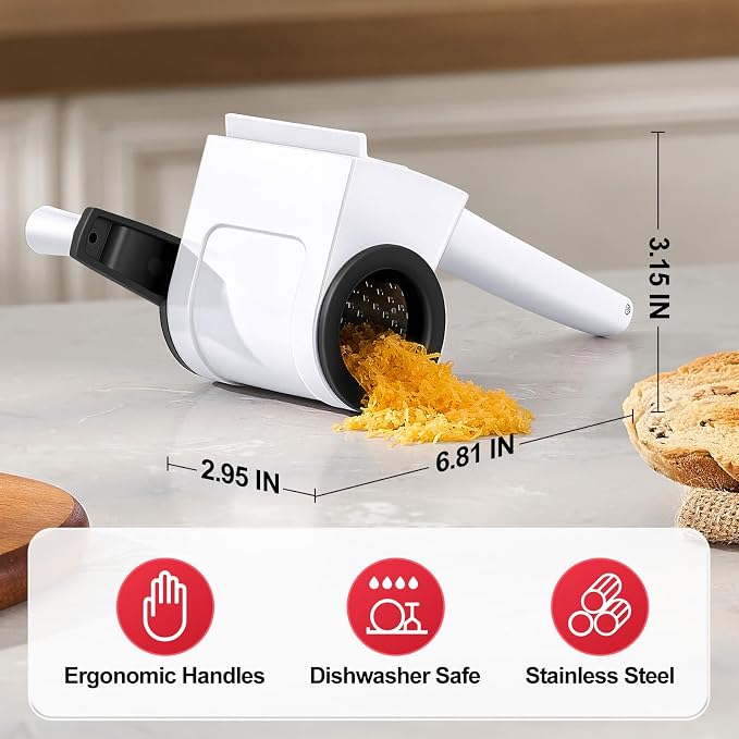 GDL Rotary Parmesan cheese Grater, Cheese Grater Shredder Hand Crank | No BPA, Stainless Steel Etched Blade, Dishwasher Safe, Ergonomic, Hard & Soft Cheese, Multi-Purpose, Detachable, Ambidextrous