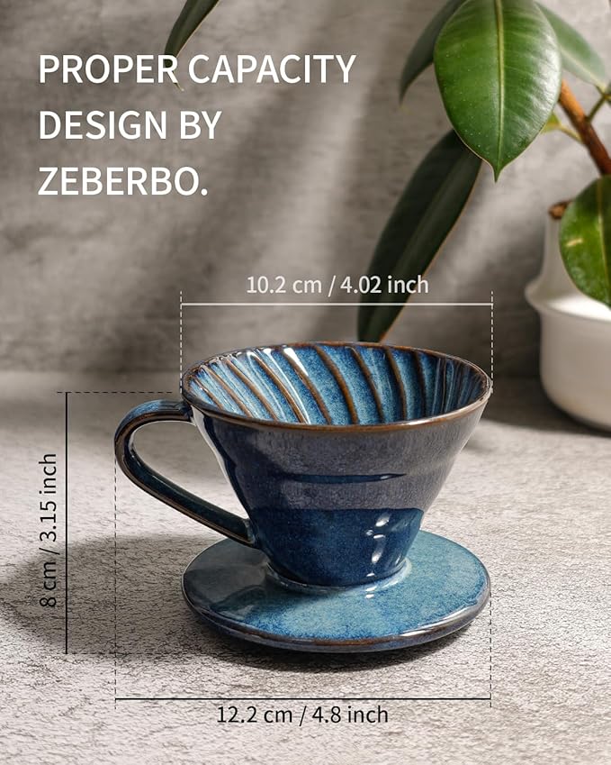 Pour Over Coffee Maker, Single Cup Ceramic Coffee Dripper, Reusable Filter Cone Drip Holder Slow Brewer with Hole Flat Bottom for Home, Office, Travel, Camping (Blue)