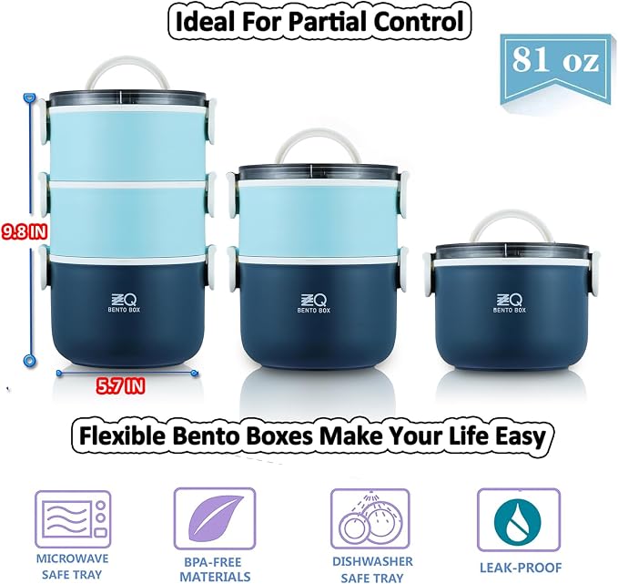 3-Tier Stackable Lunch Box Adult Bento Box Set with Thermo Bag, Utensils | 81oz Large Capacity Lunch Containers, BPA-Free, Leak-Proof, Microwave & Dishwasher Safe Bento Box for Work, School, Blue