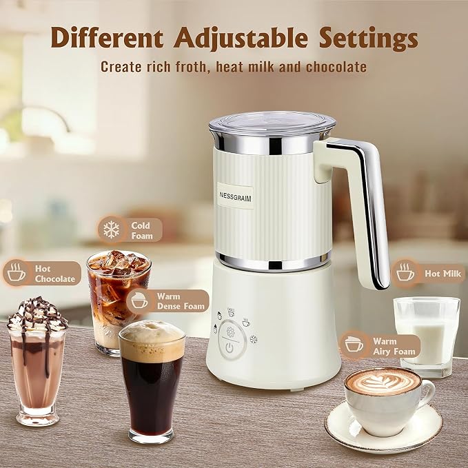 5-in-1 Electric Milk Frother, Automatic Milk Frother & Steamer for Hot & Cold Foam, Large Capacity Milk Warmer for Latte Cappuccino, Hot Chocolate Maker, Dishwasher Safe (Beige)